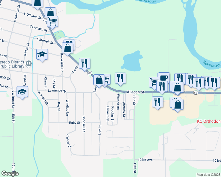 map of restaurants, bars, coffee shops, grocery stores, and more near 1386 Michigan 89 in Otsego