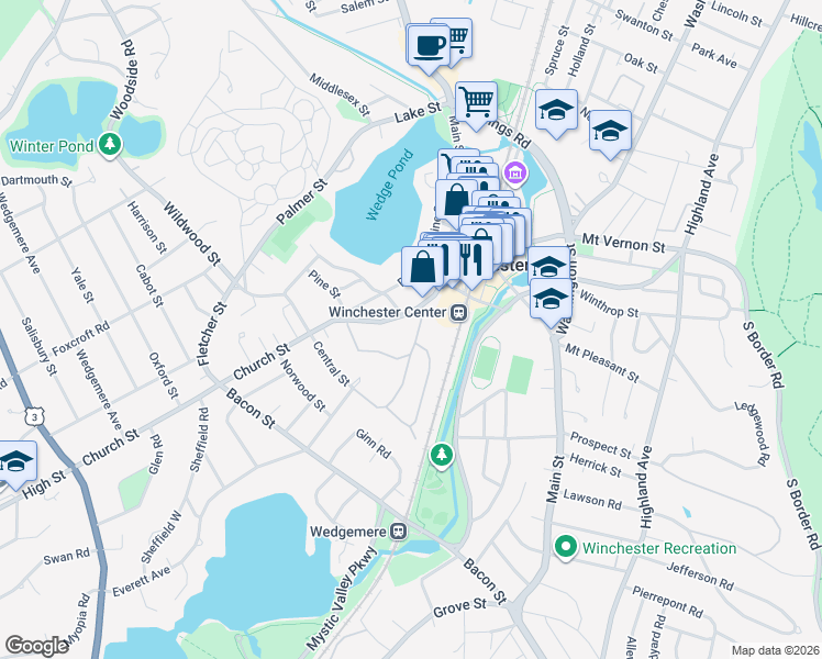 map of restaurants, bars, coffee shops, grocery stores, and more near 7 Rangeley Road in Winchester