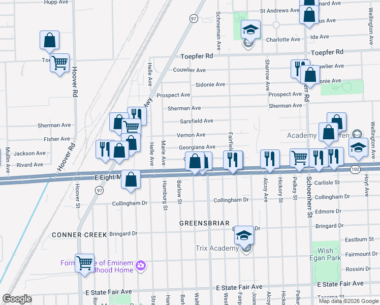 map of restaurants, bars, coffee shops, grocery stores, and more near 20714 Waltham Road in Warren