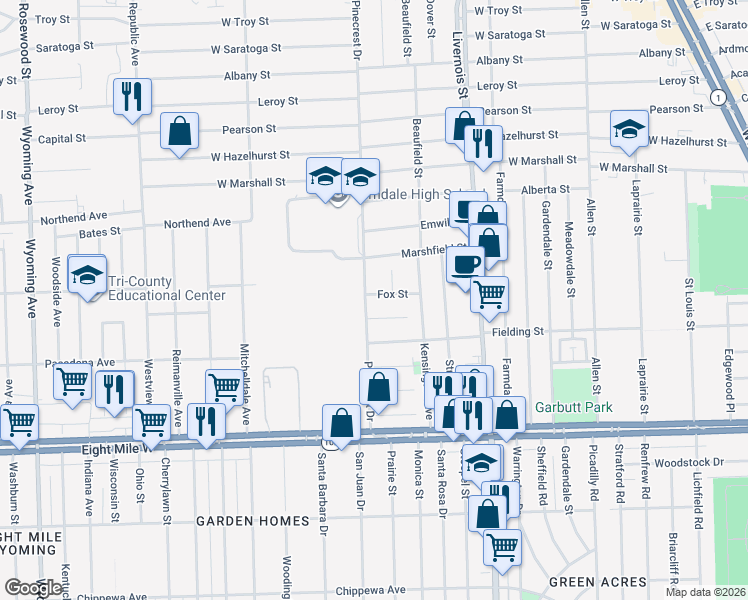 map of restaurants, bars, coffee shops, grocery stores, and more near 1408 Northway Street in Ferndale