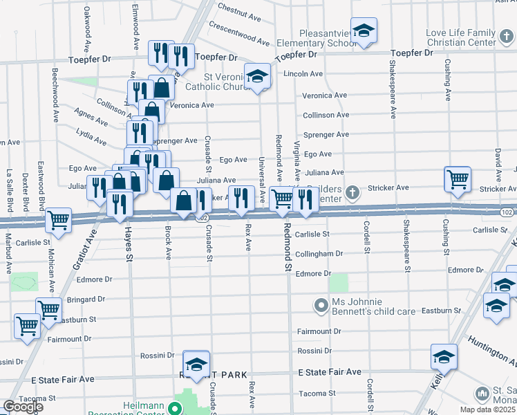 map of restaurants, bars, coffee shops, grocery stores, and more near 15839 Michigan 102 in Eastpointe