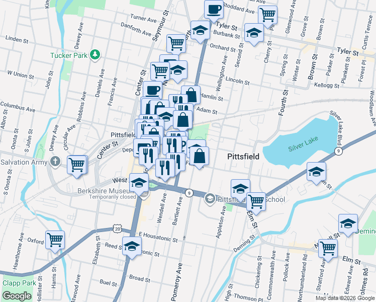 map of restaurants, bars, coffee shops, grocery stores, and more near 74 First Street in Pittsfield