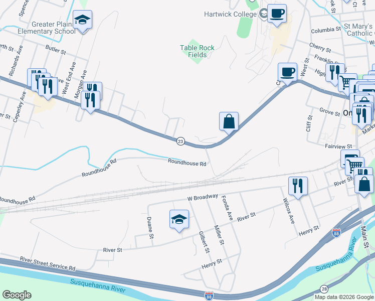 map of restaurants, bars, coffee shops, grocery stores, and more near 237 Chestnut Street in Oneonta
