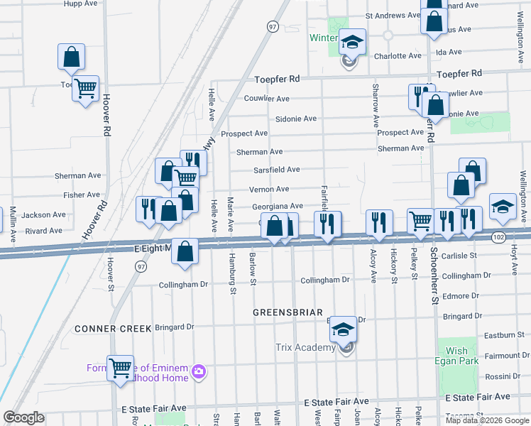 map of restaurants, bars, coffee shops, grocery stores, and more near 12454 Coleen Avenue in Warren