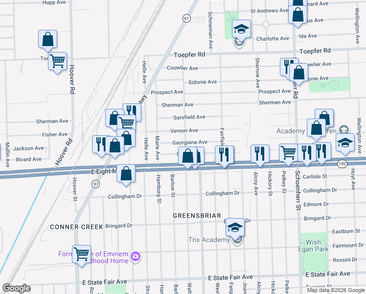 map of restaurants, bars, coffee shops, grocery stores, and more near 20714 Waltham Road in Warren
