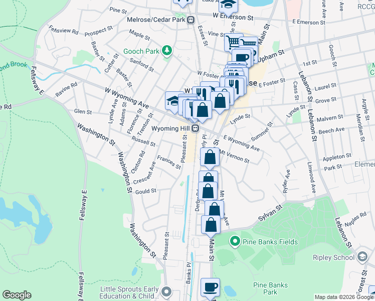 map of restaurants, bars, coffee shops, grocery stores, and more near 447 Pleasant Street in Melrose