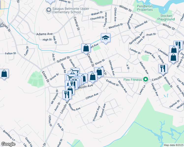 map of restaurants, bars, coffee shops, grocery stores, and more near 15 Oak Hill Road in Saugus