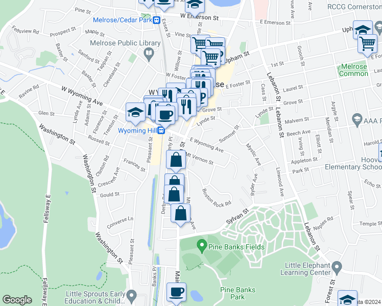 map of restaurants, bars, coffee shops, grocery stores, and more near 141 Mount Vernon Avenue in Melrose