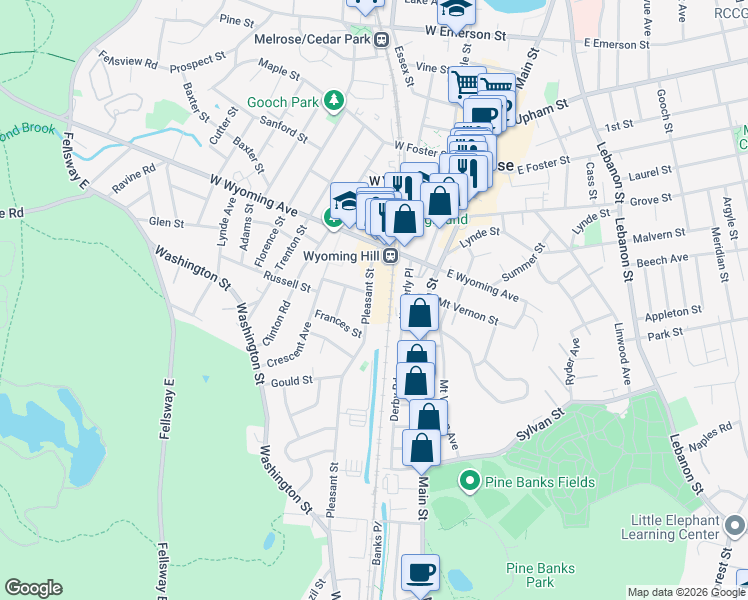 map of restaurants, bars, coffee shops, grocery stores, and more near 447 Pleasant Street in Melrose