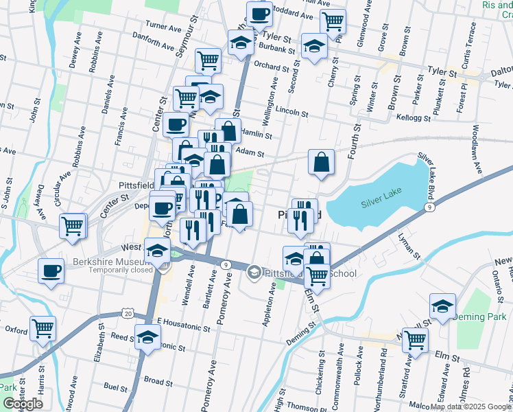 map of restaurants, bars, coffee shops, grocery stores, and more near 75 2nd Street in Pittsfield