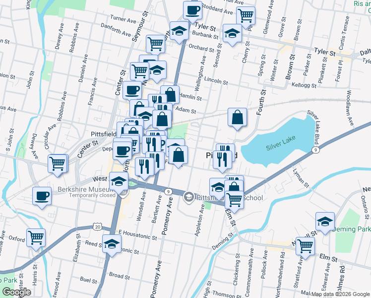 map of restaurants, bars, coffee shops, grocery stores, and more near 75 2nd Street in Pittsfield