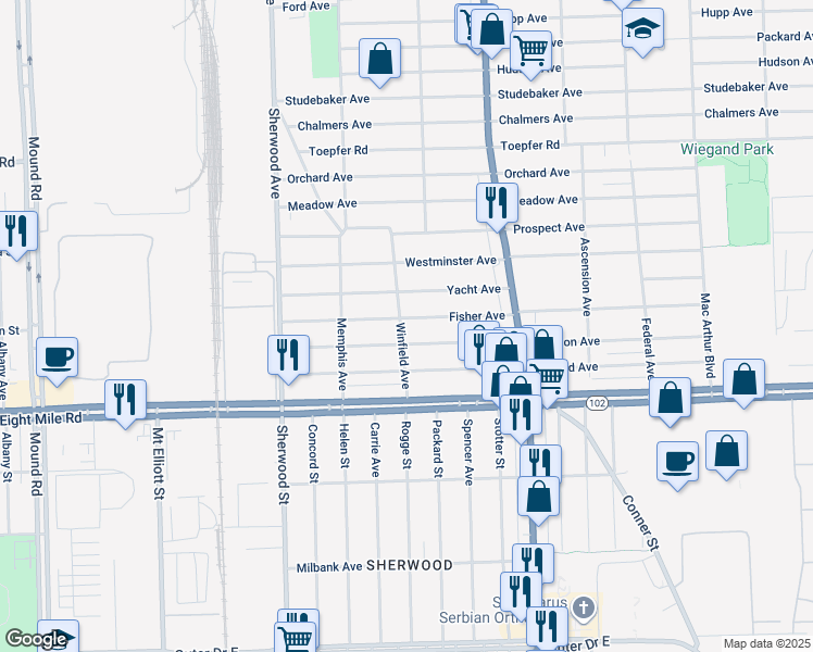 map of restaurants, bars, coffee shops, grocery stores, and more near 7215 Jackson Avenue in Warren