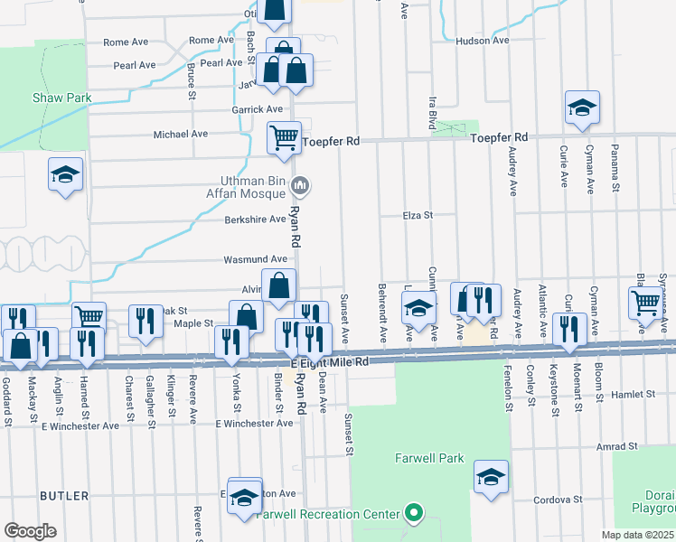 map of restaurants, bars, coffee shops, grocery stores, and more near 21043 Sunset Avenue in Warren