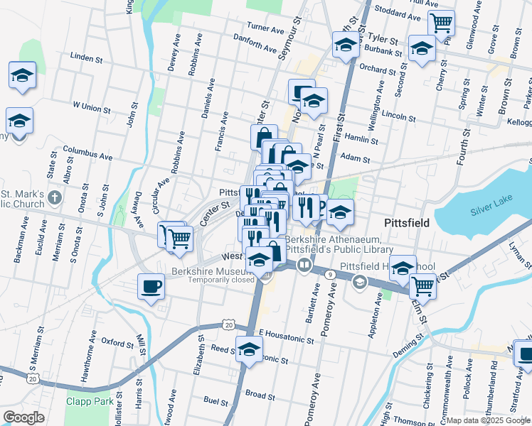map of restaurants, bars, coffee shops, grocery stores, and more near in Pittsfield