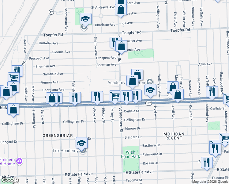 map of restaurants, bars, coffee shops, grocery stores, and more near 20711 Schoenherr Road in Warren