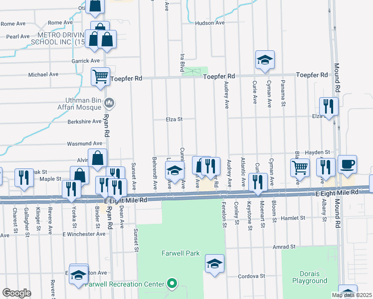 map of restaurants, bars, coffee shops, grocery stores, and more near 4670 Hayden Street in Warren