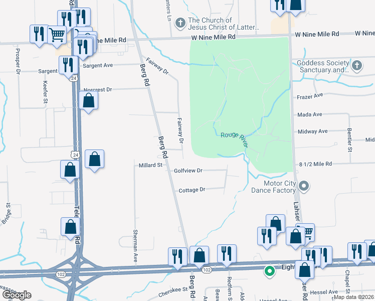 map of restaurants, bars, coffee shops, grocery stores, and more near 21641 Fairway Drive in Southfield