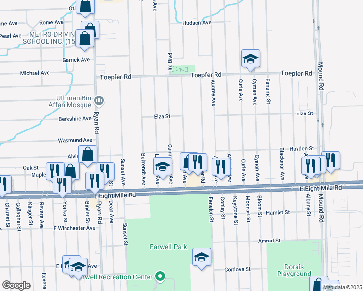 map of restaurants, bars, coffee shops, grocery stores, and more near 4670 Hayden Street in Warren