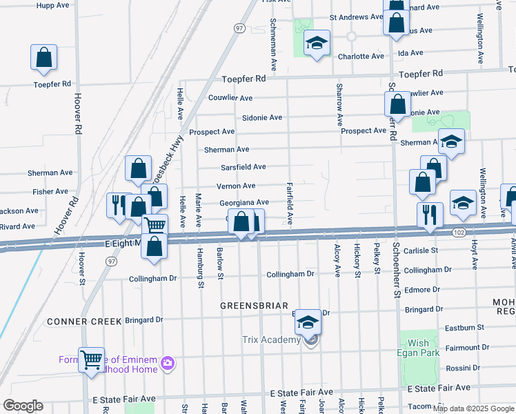 map of restaurants, bars, coffee shops, grocery stores, and more near 12776 Coleen Avenue in Warren