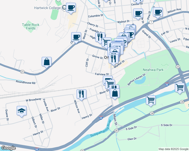 map of restaurants, bars, coffee shops, grocery stores, and more near 37 Fairview Street in Oneonta