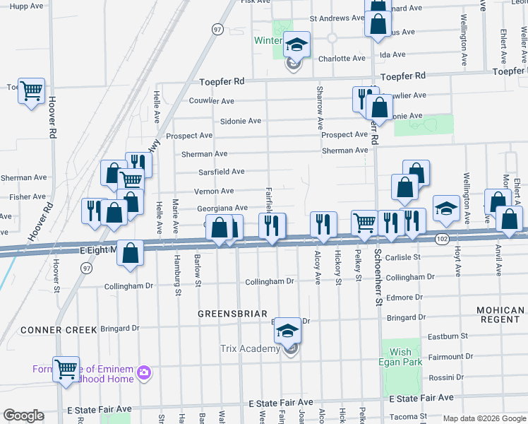 map of restaurants, bars, coffee shops, grocery stores, and more near 12887 Coleen Avenue in Warren