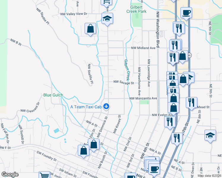 map of restaurants, bars, coffee shops, grocery stores, and more near 536 Northwest Manzanita Avenue in Grants Pass