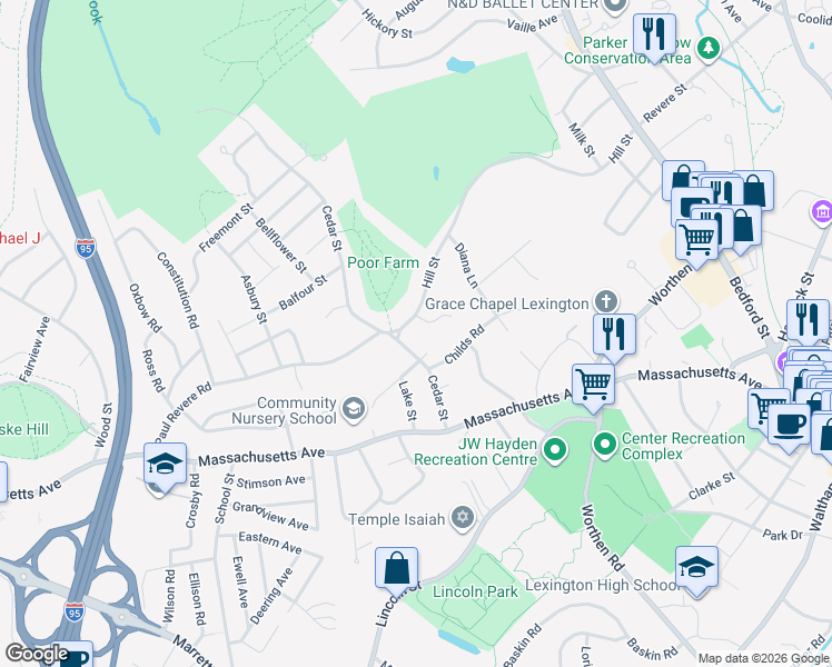 map of restaurants, bars, coffee shops, grocery stores, and more near 43 Cedar Street in Lexington