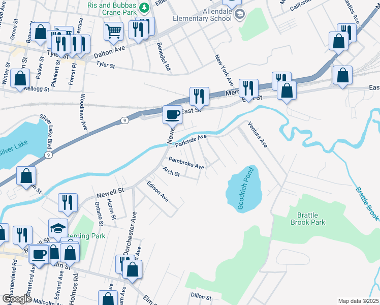 map of restaurants, bars, coffee shops, grocery stores, and more near 27-31 Pembroke Avenue in Pittsfield