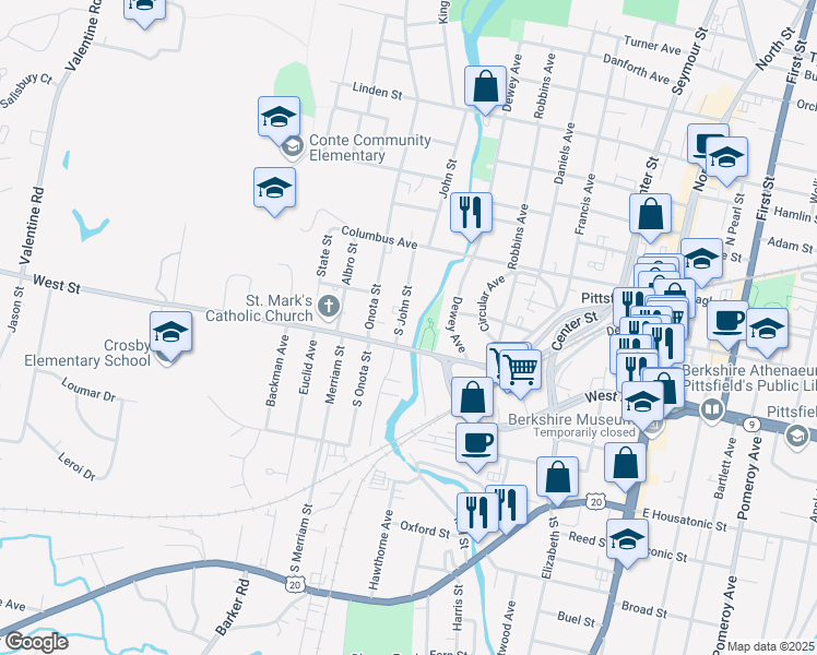 map of restaurants, bars, coffee shops, grocery stores, and more near 310 West Street in Pittsfield