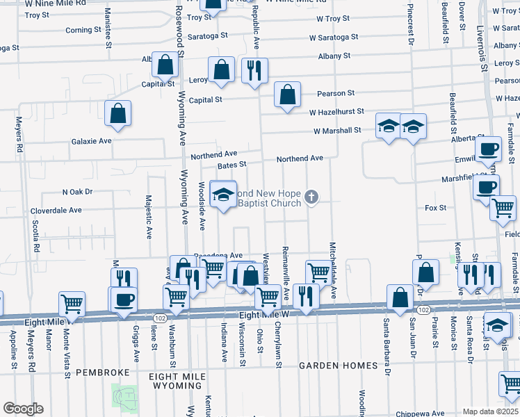 map of restaurants, bars, coffee shops, grocery stores, and more near 21205 Westview Avenue in Ferndale