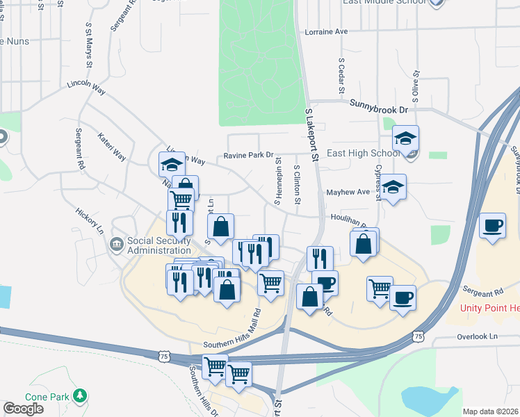 map of restaurants, bars, coffee shops, grocery stores, and more near 3316-3498 S Hennepin St in Sioux City