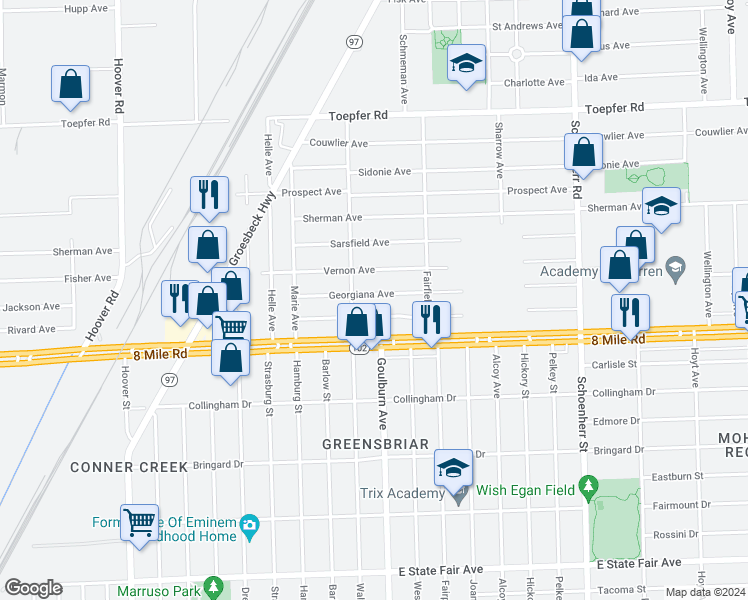 map of restaurants, bars, coffee shops, grocery stores, and more near 12736 Georgiana Avenue in Warren