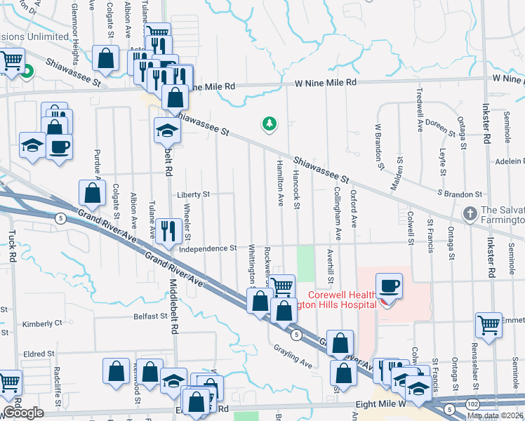 map of restaurants, bars, coffee shops, grocery stores, and more near 21611 Rockwell Street in Farmington Hills