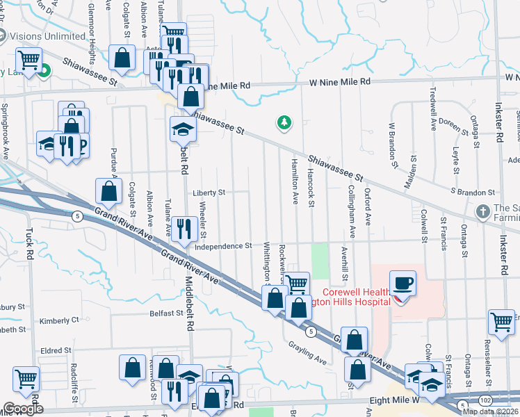 map of restaurants, bars, coffee shops, grocery stores, and more near 21528 Jacksonville Street in Farmington Hills
