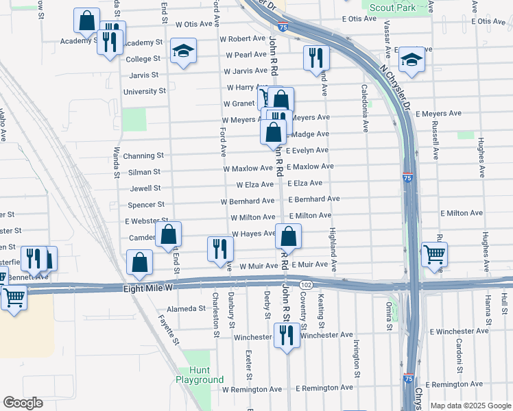 map of restaurants, bars, coffee shops, grocery stores, and more near 77 West Bernhard Avenue in Hazel Park