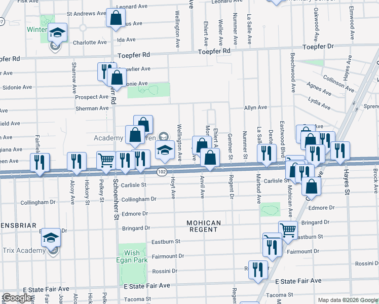 map of restaurants, bars, coffee shops, grocery stores, and more near 14017 East 8 Mile Road in Warren