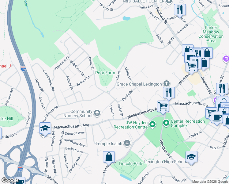 map of restaurants, bars, coffee shops, grocery stores, and more near 43 Cedar Street in Lexington