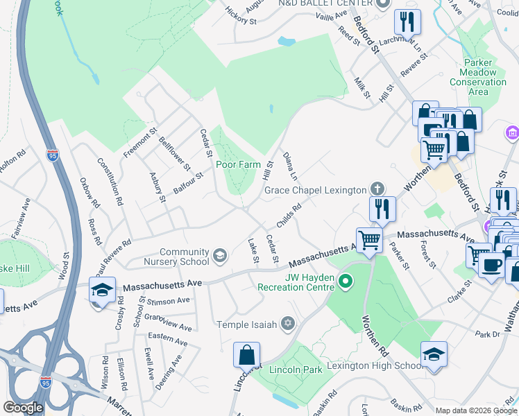 map of restaurants, bars, coffee shops, grocery stores, and more near 92 Hill Street in Lexington