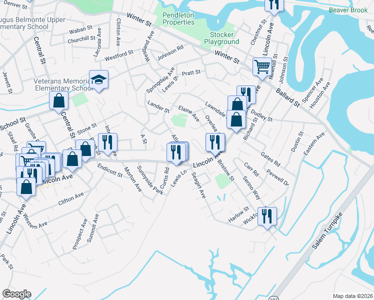 map of restaurants, bars, coffee shops, grocery stores, and more near 11 Atlantic Avenue in Saugus