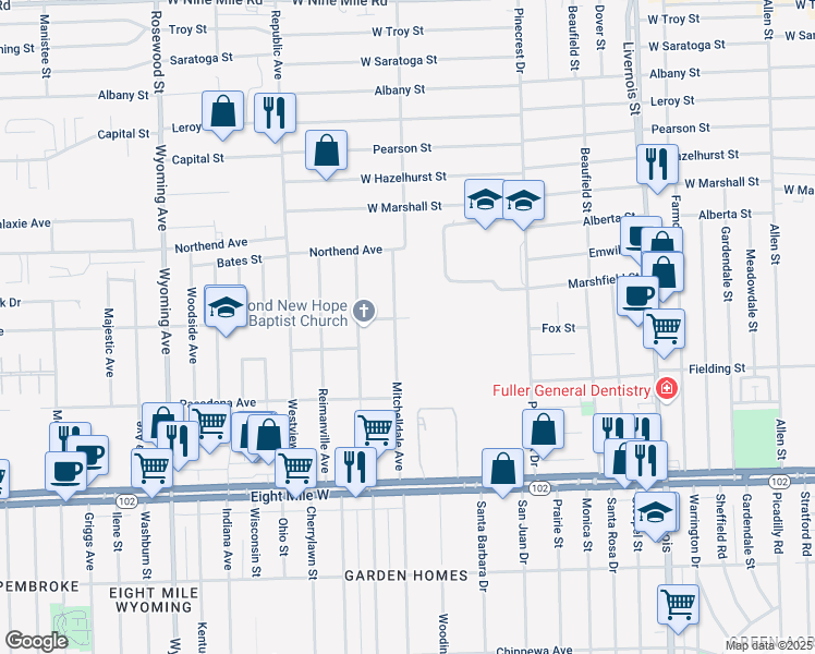 map of restaurants, bars, coffee shops, grocery stores, and more near 21094 Mitchelldale Avenue in Ferndale