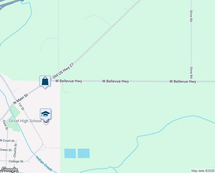 map of restaurants, bars, coffee shops, grocery stores, and more near 3627 West Bellevue Highway in Olivet