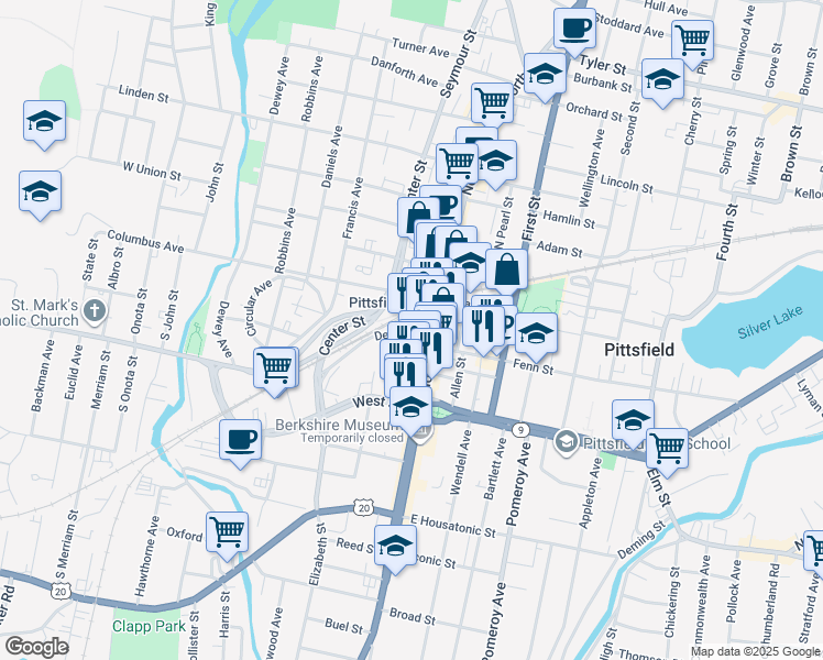 map of restaurants, bars, coffee shops, grocery stores, and more near in Pittsfield