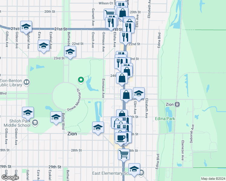 map of restaurants, bars, coffee shops, grocery stores, and more near 1300 Shiloh Boulevard in Zion