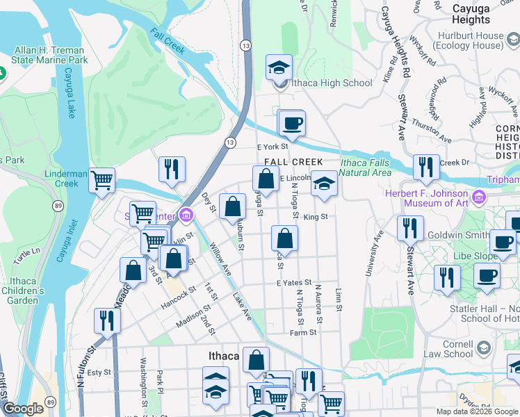 map of restaurants, bars, coffee shops, grocery stores, and more near 1000 North Cayuga Street in Ithaca