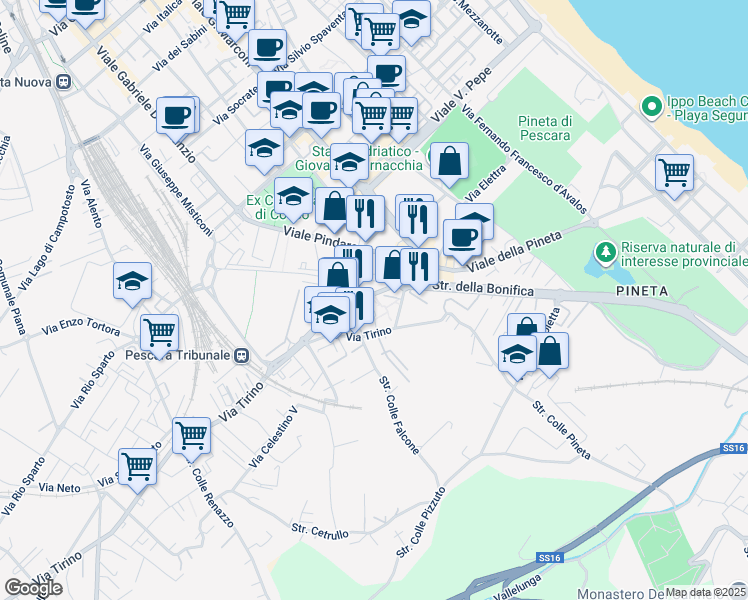 map of restaurants, bars, coffee shops, grocery stores, and more near Via Lago di Varano in Pescara