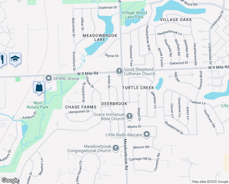 map of restaurants, bars, coffee shops, grocery stores, and more near 41474 Reindeer Drive in Novi