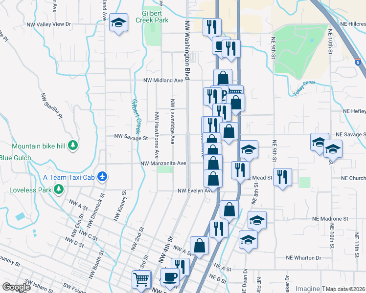 map of restaurants, bars, coffee shops, grocery stores, and more near 1206 Northwest Washington Boulevard in Grants Pass