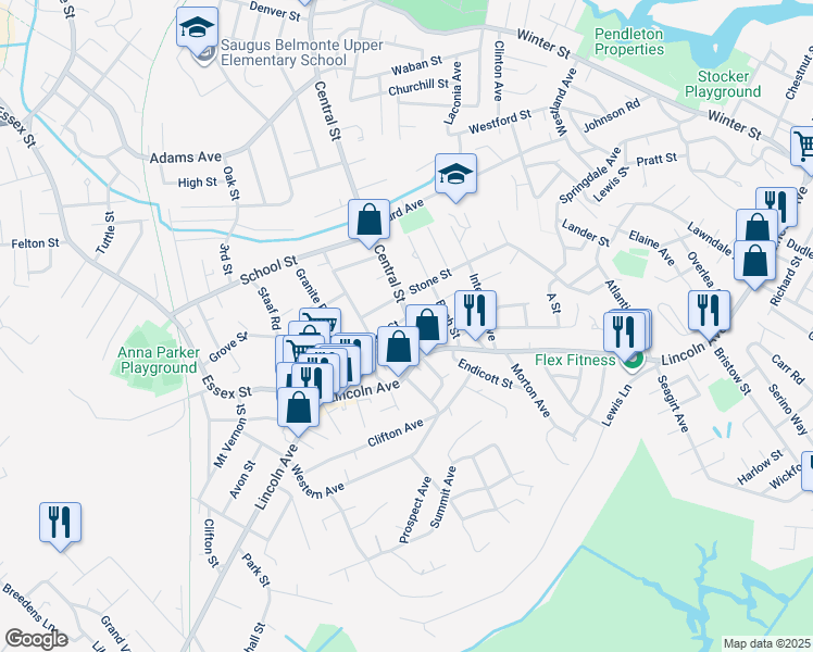 map of restaurants, bars, coffee shops, grocery stores, and more near in Saugus