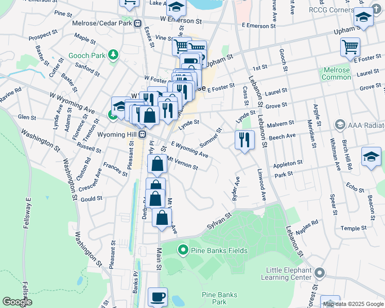map of restaurants, bars, coffee shops, grocery stores, and more near 48 Mount Vernon Street in Melrose