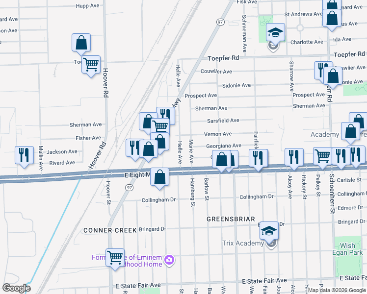 map of restaurants, bars, coffee shops, grocery stores, and more near 20763 Marie Avenue in Warren